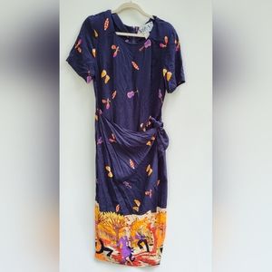 Vintage Wrap Dress Unique Drum Guitar Tribal Print Vtg Tie WNY w/ Shoulder Pads